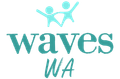 Teal logo reading “waves WA” with two stylized figures above it
