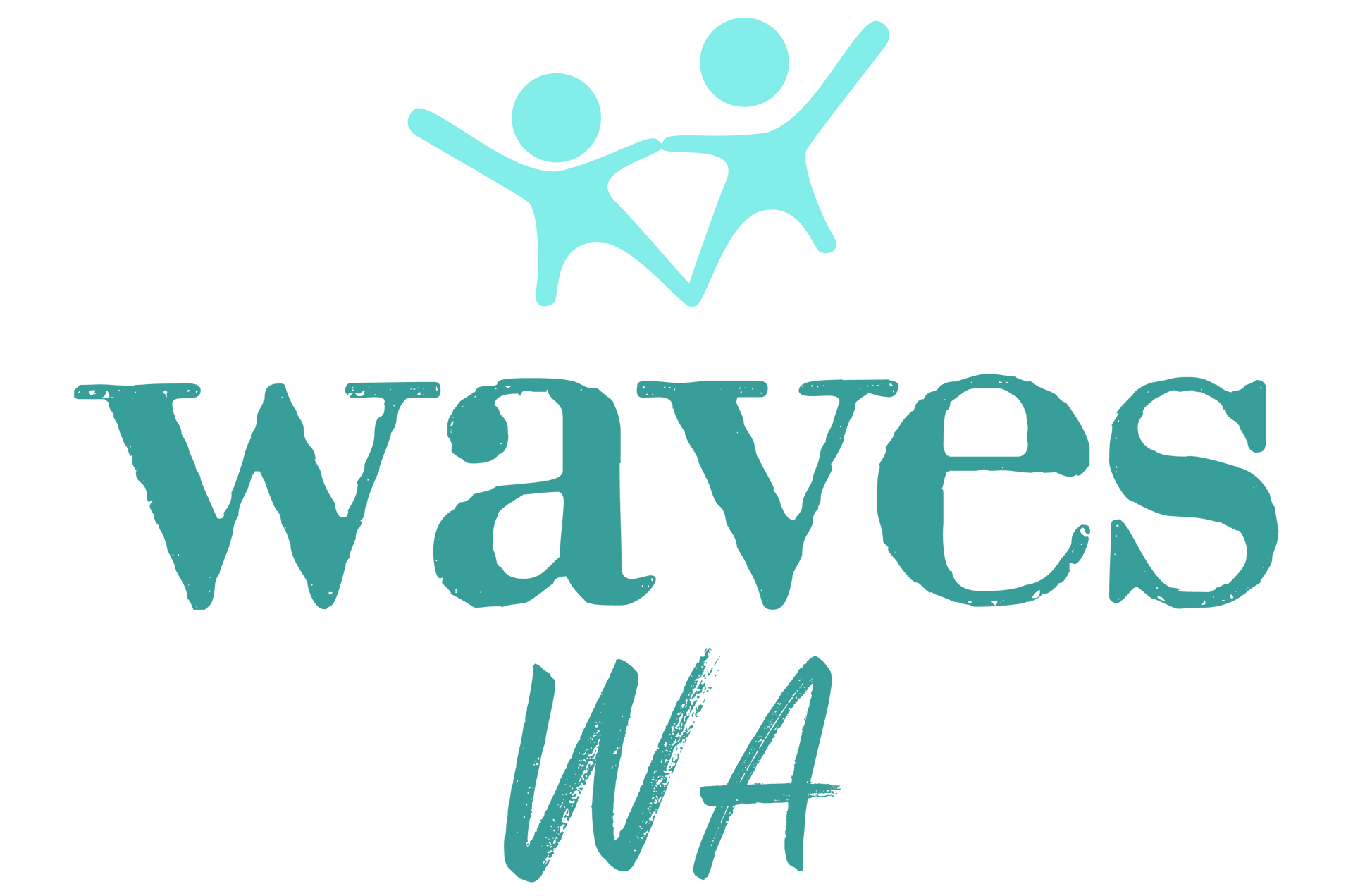 Teal logo reading “waves WA” with two stylized figures above it