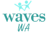 Teal logo reading “waves WA” with two stylized figures above it