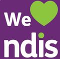 “We ♥ NDIS” logo in white and lime green on a purple background