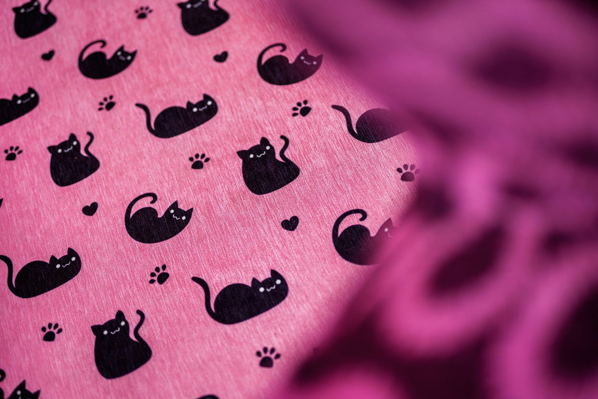 Pink fabric with small black cat silhouettes and blurred cat shapes in the foreground