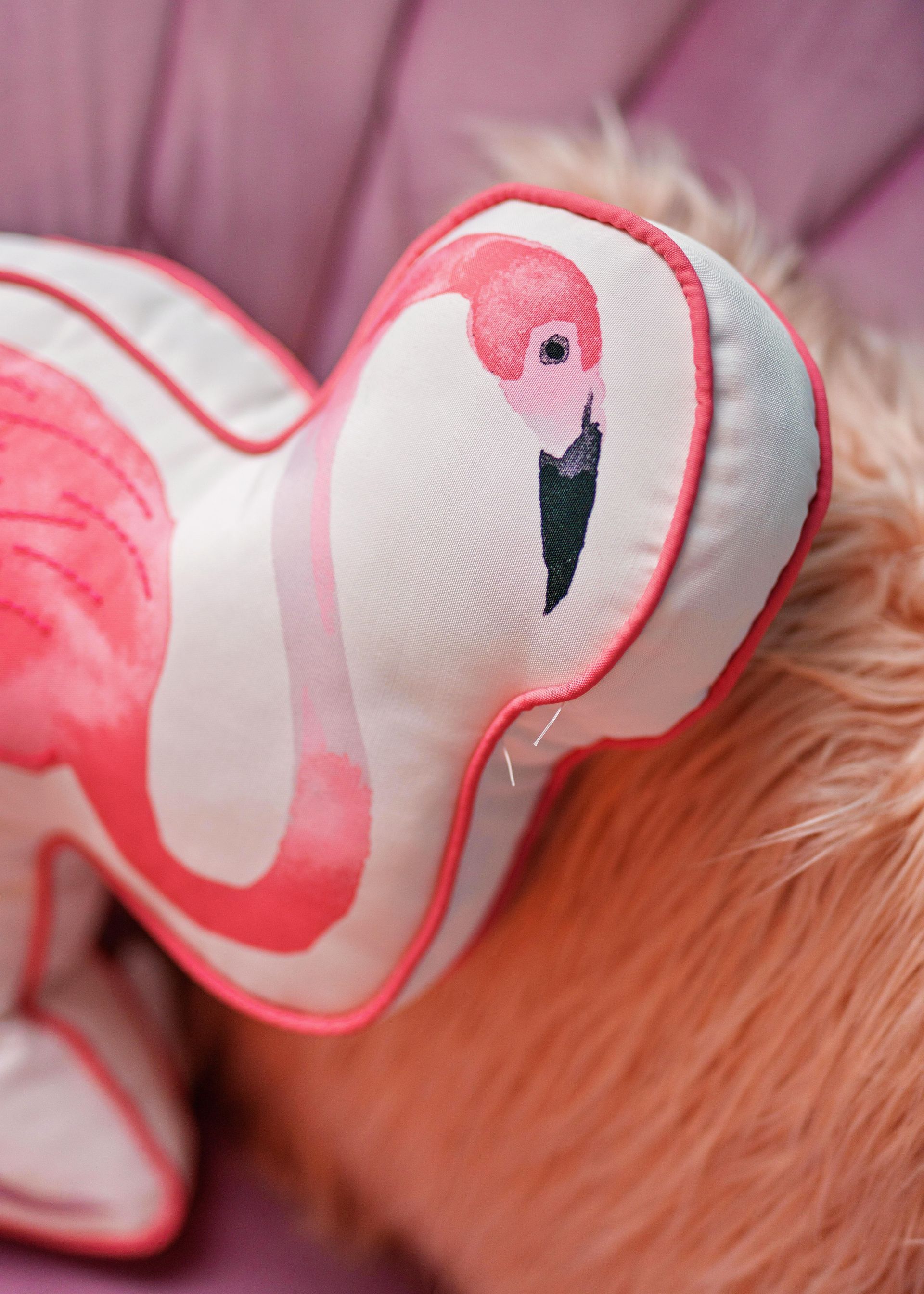 Pink flamingo-shaped blanket draped over a fluffy tan dog on a purple couch