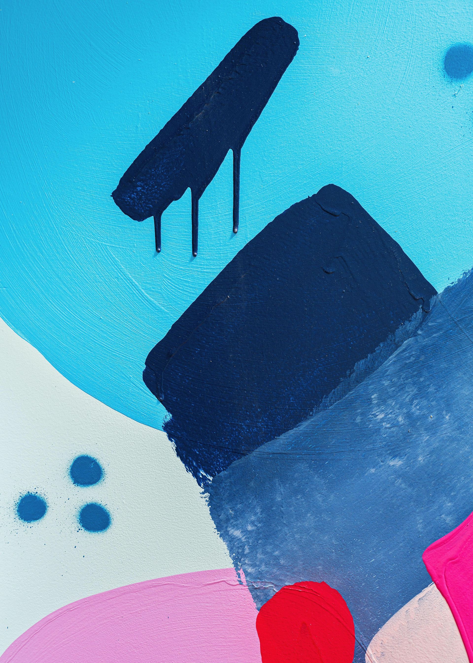 Abstract blue, black, pink, and red painted shapes on a light background.