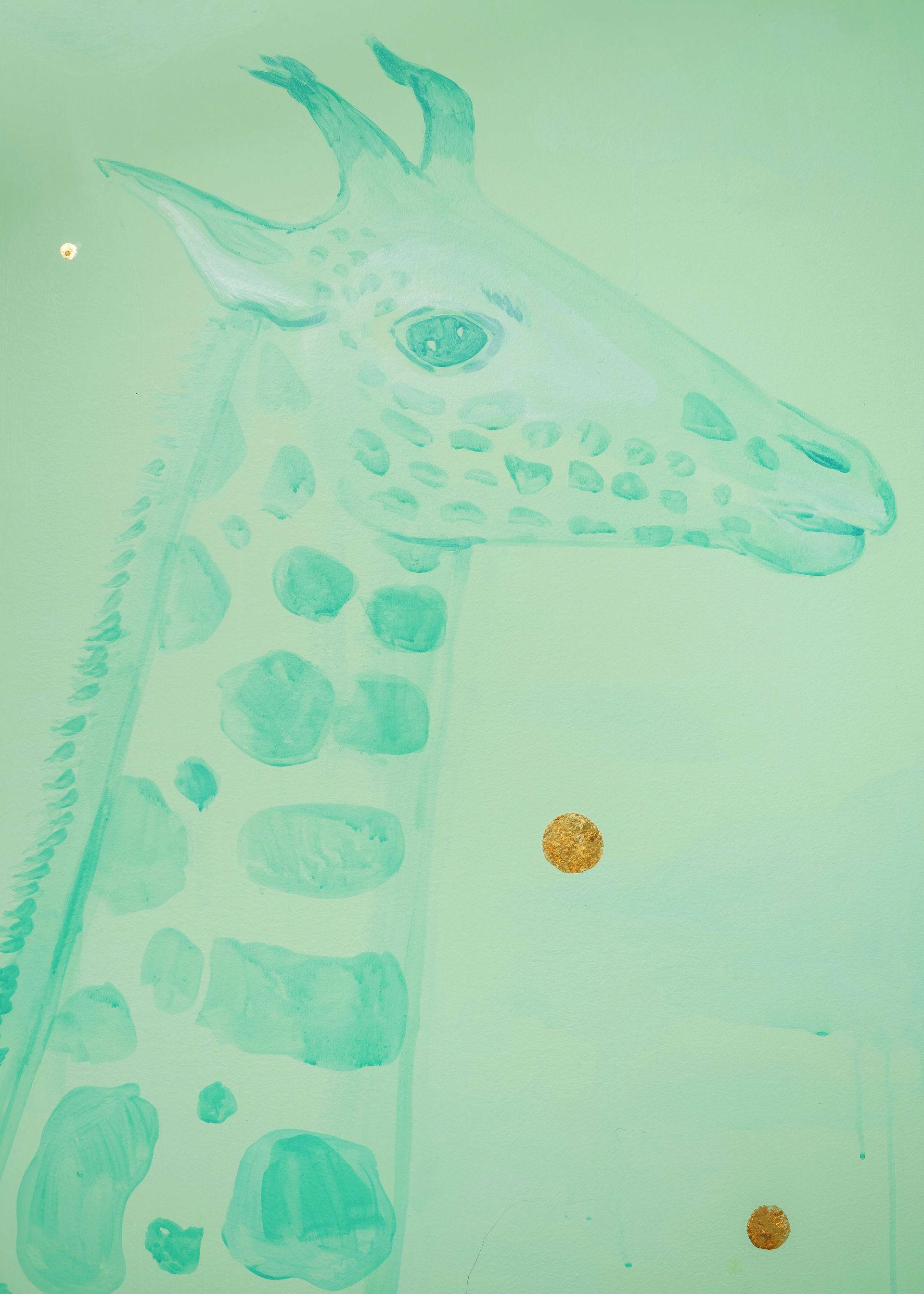 Childlike watercolor giraffe on pale green paper with two small orange dots nearby