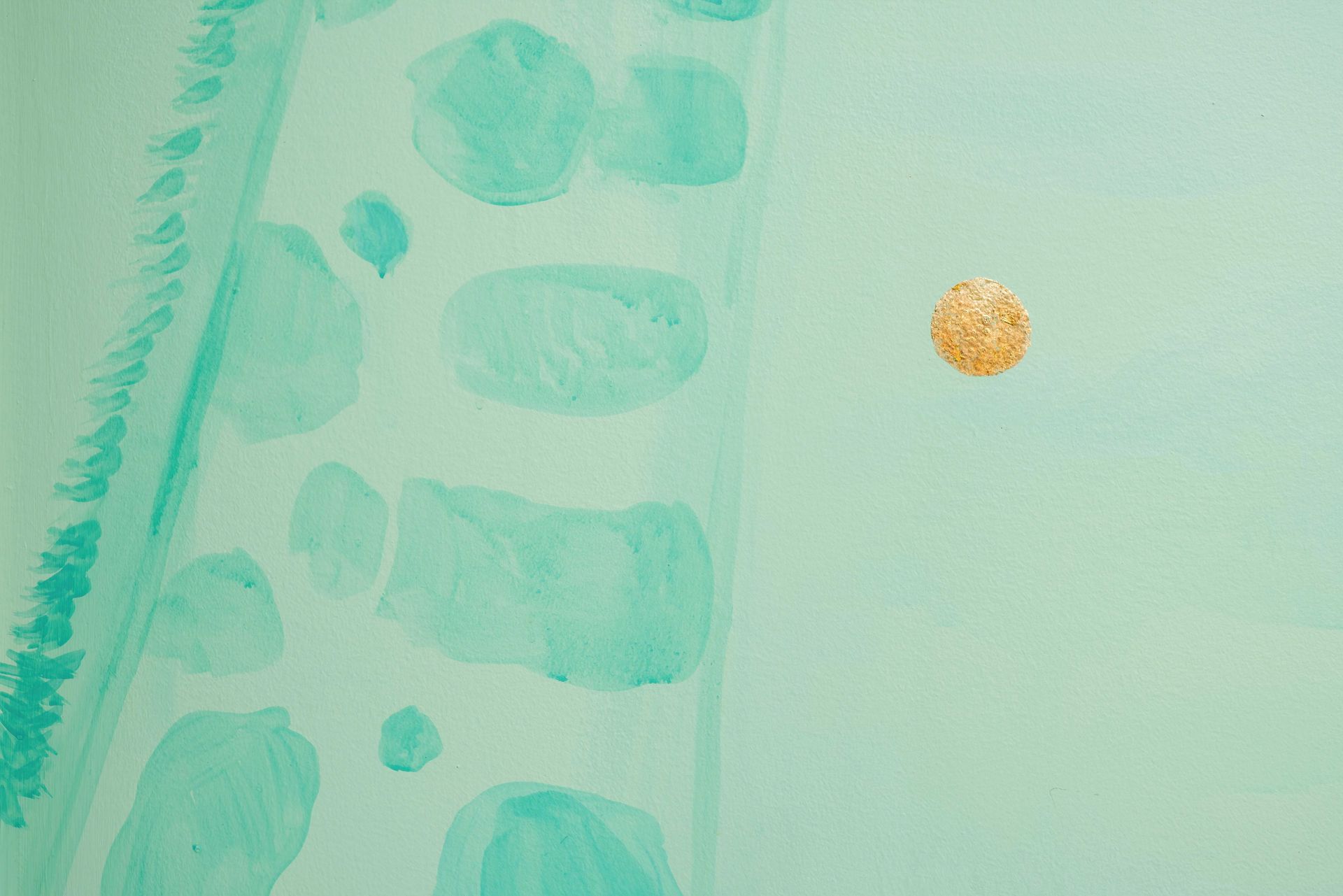 Abstract teal painting with pale green shapes and a small orange dot on the right