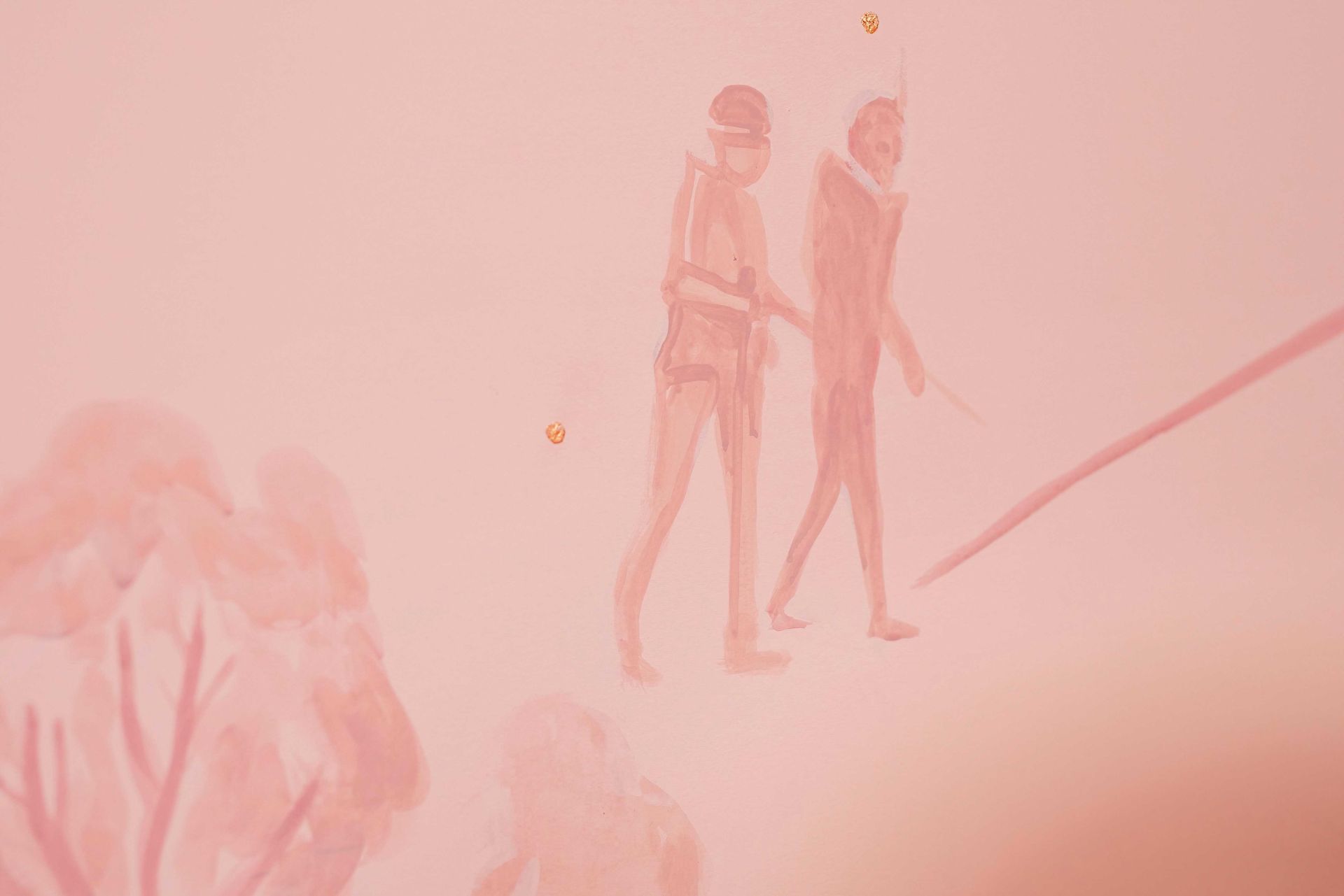 Two faint figures walking in a pink-tinted, foggy scene with a diagonal line across the right side