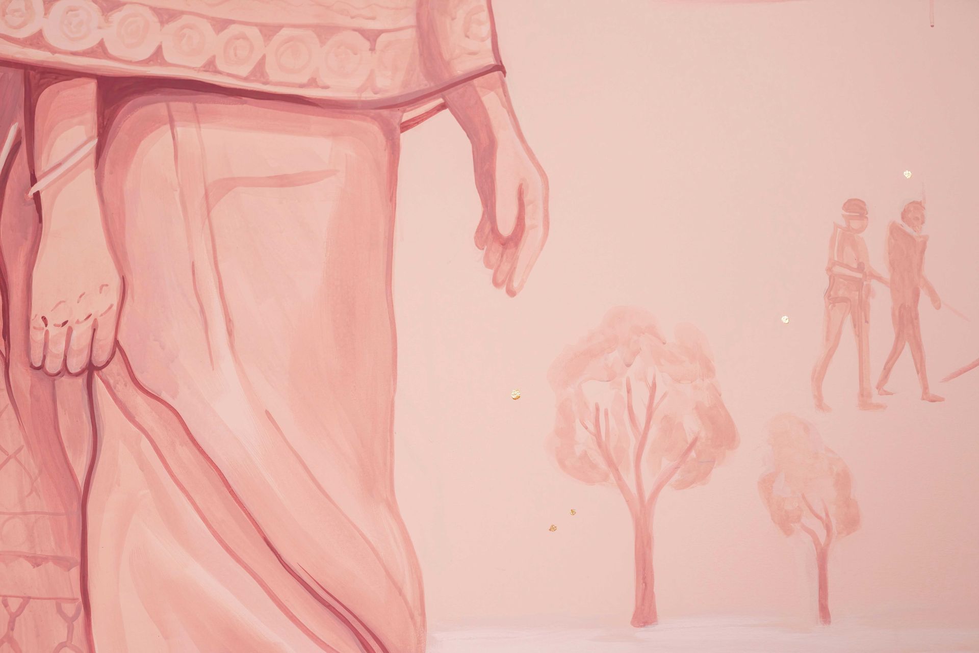 Illustration of a person’s legs and hands in a pink-toned landscape with small figures and trees in the distance