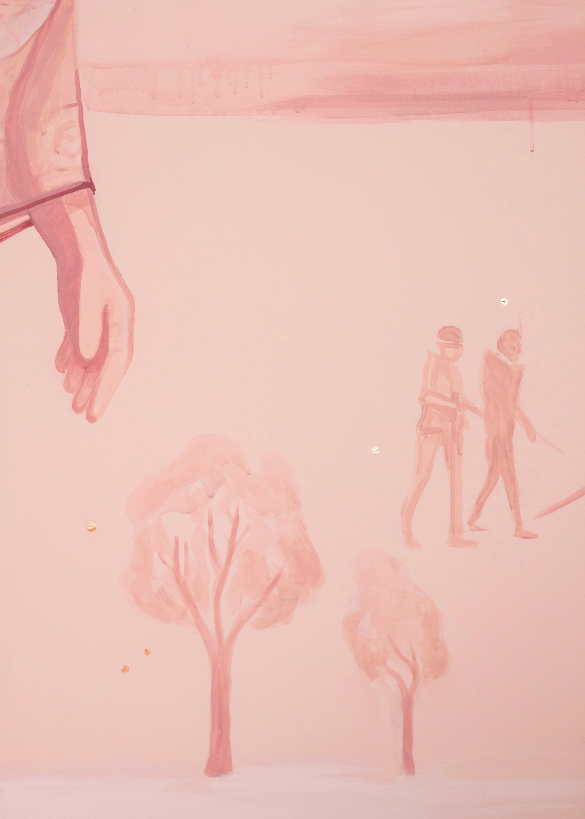 Pink-toned scene with a large hand at left, two people walking in the distance, and small trees below.