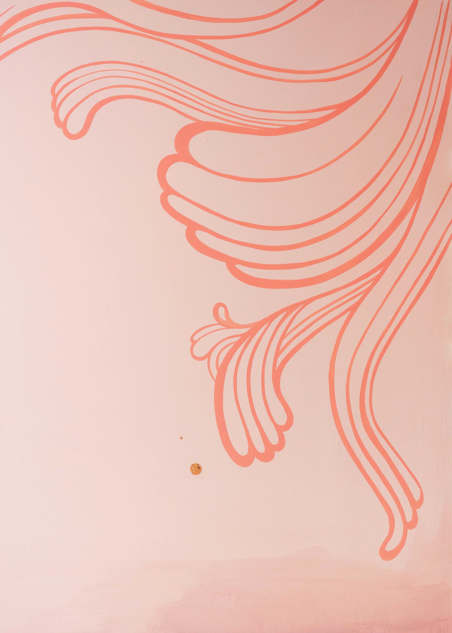 Pink abstract floral line art on a pale background, with flowing petal-like curves and a small bud.