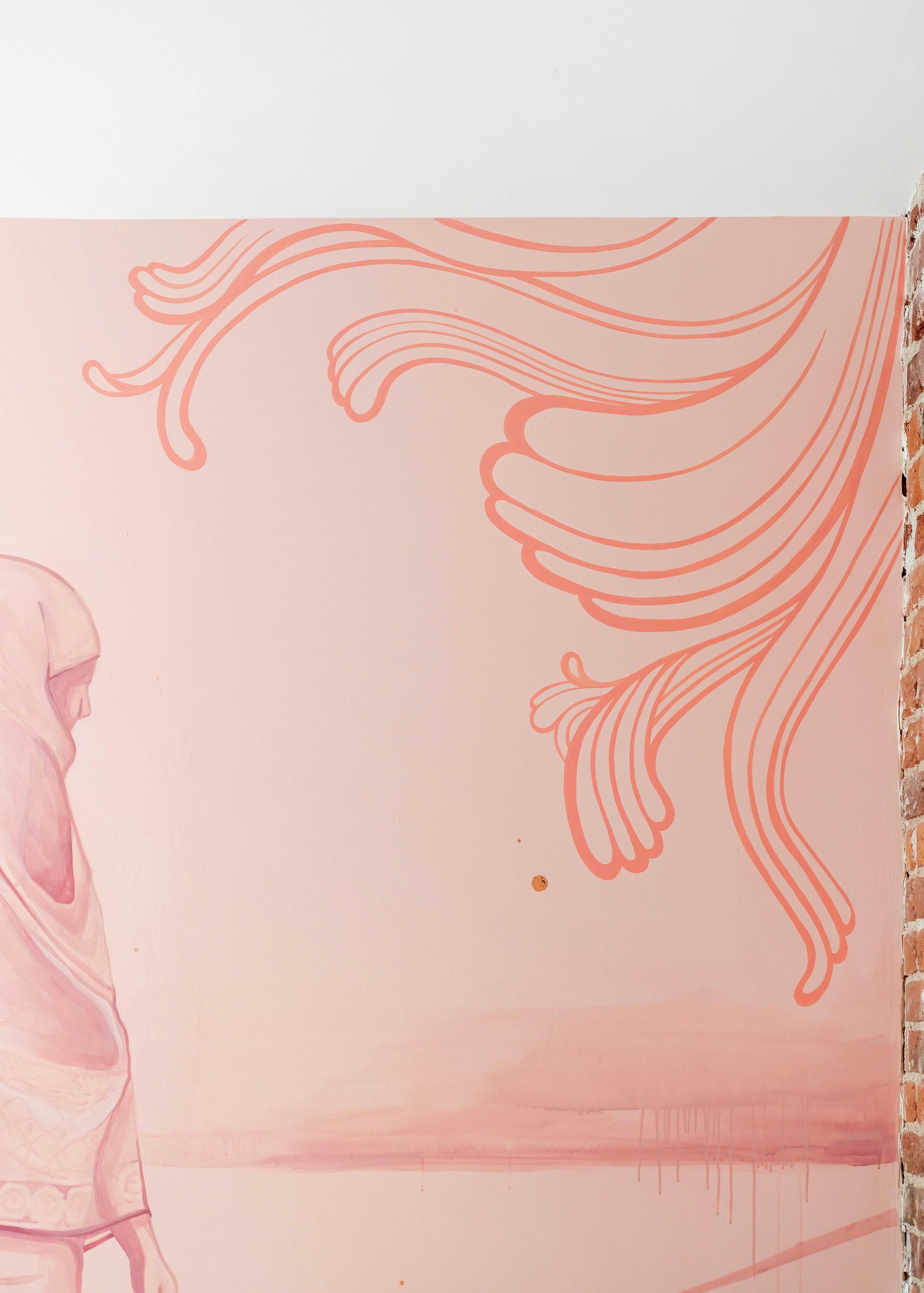 Pink wall mural with flowing coral line art and a partial figure on the left.