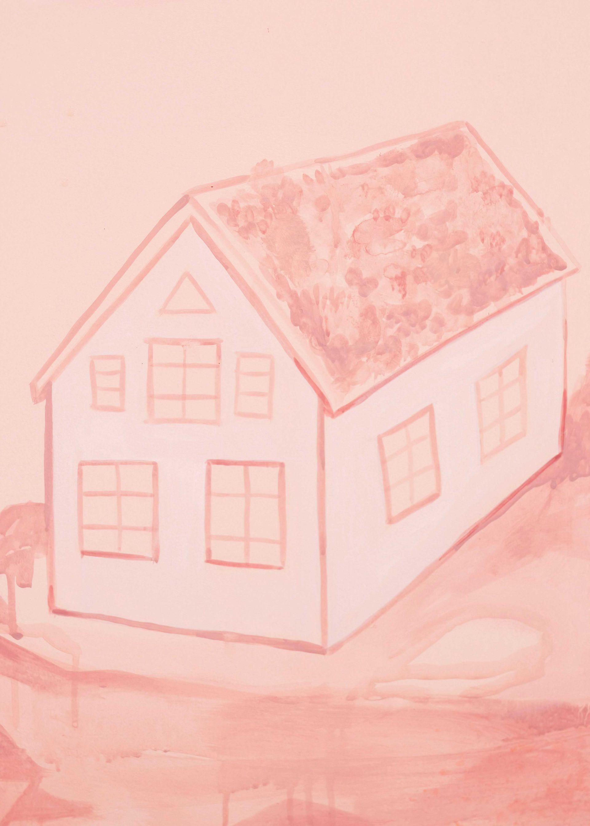 Pink pencil sketch of a small house with a pitched roof and several windows on a soft pink background