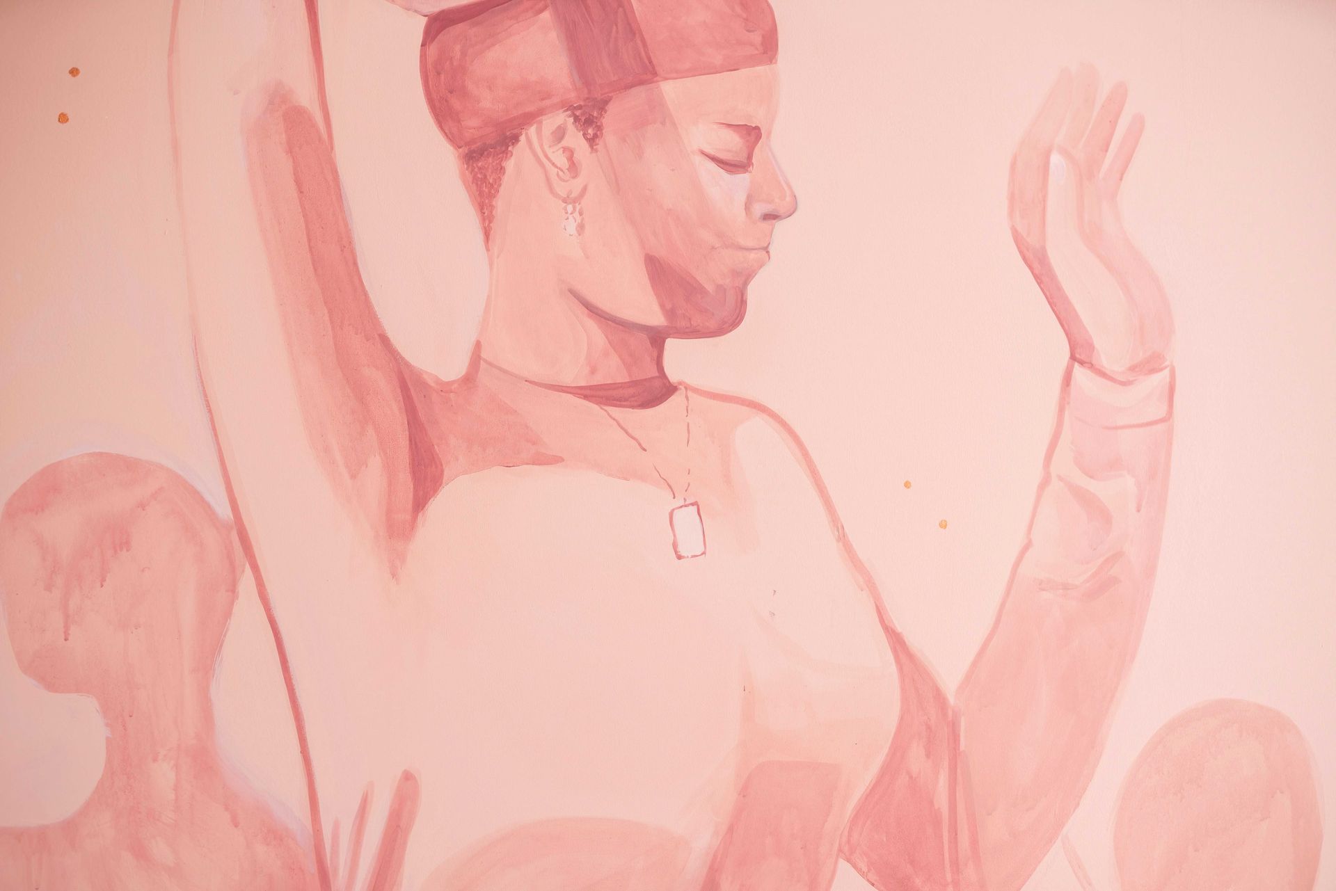 Pink-toned illustration of a person posing with eyes closed, one arm raised, against a soft background