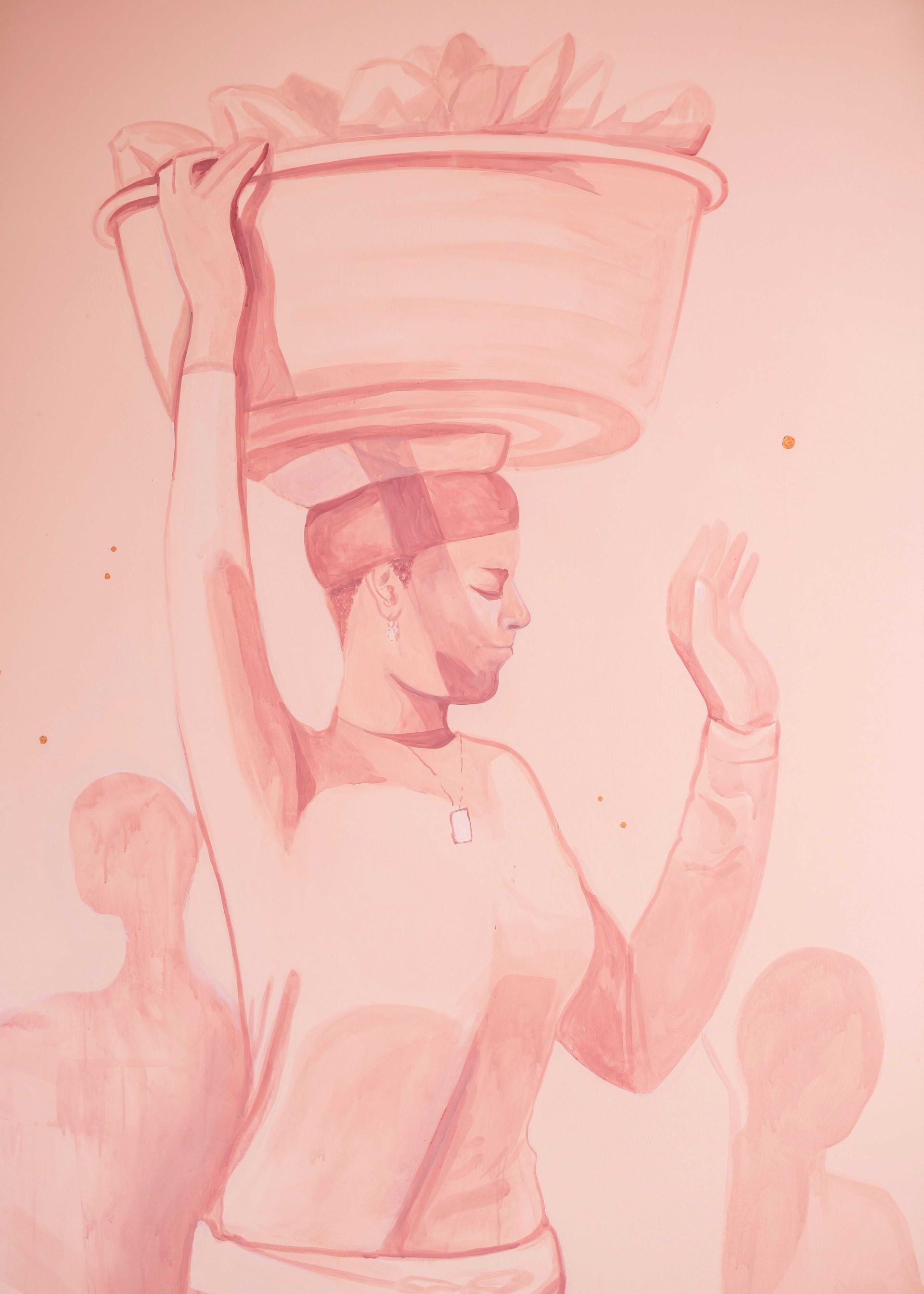 Woman in pink balancing a bucket on her head, raising one hand in a soft watercolor scene.