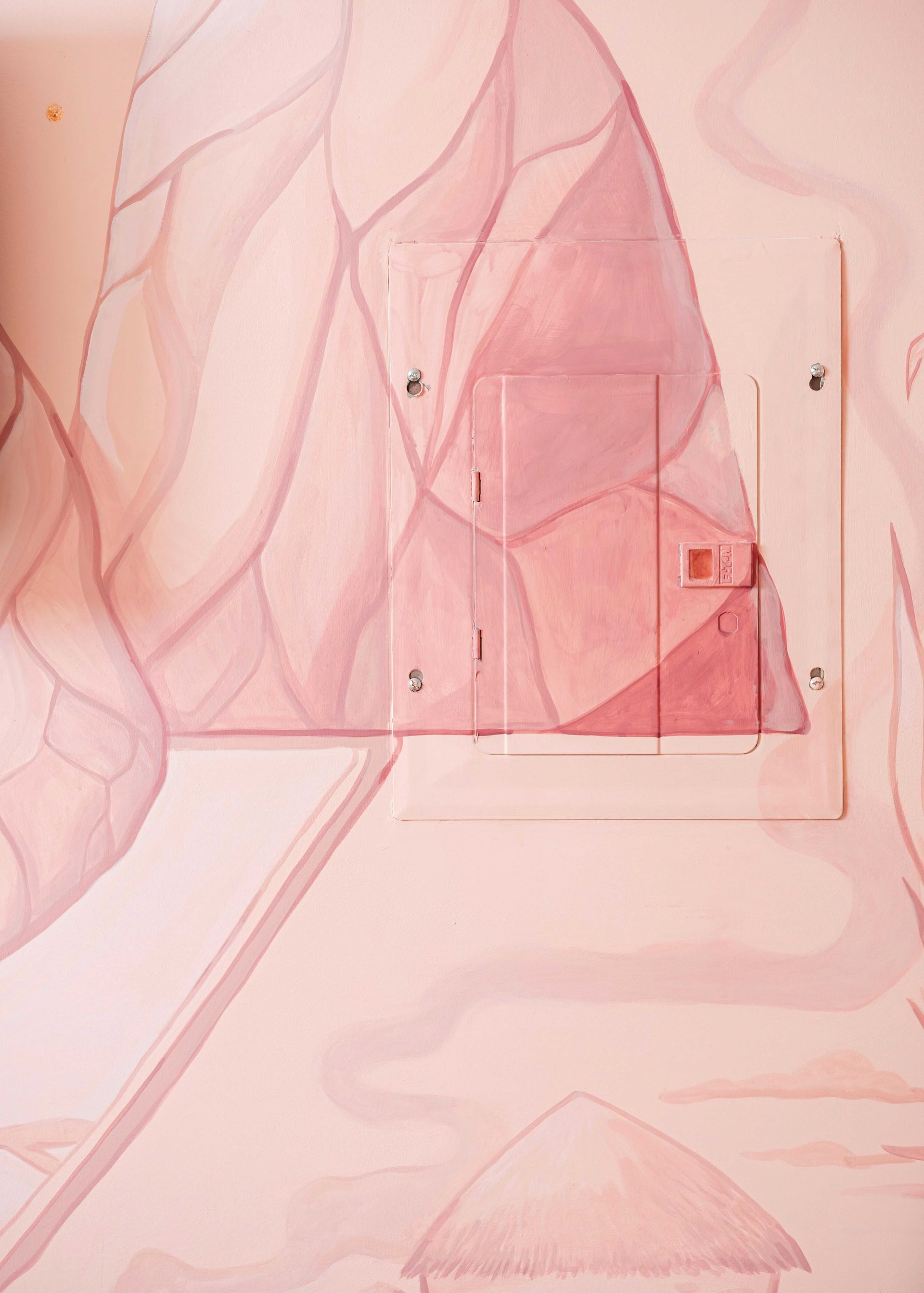 Pink-toned abstract landscape with layered translucent forms and a triangular mountain-like shape at the bottom.