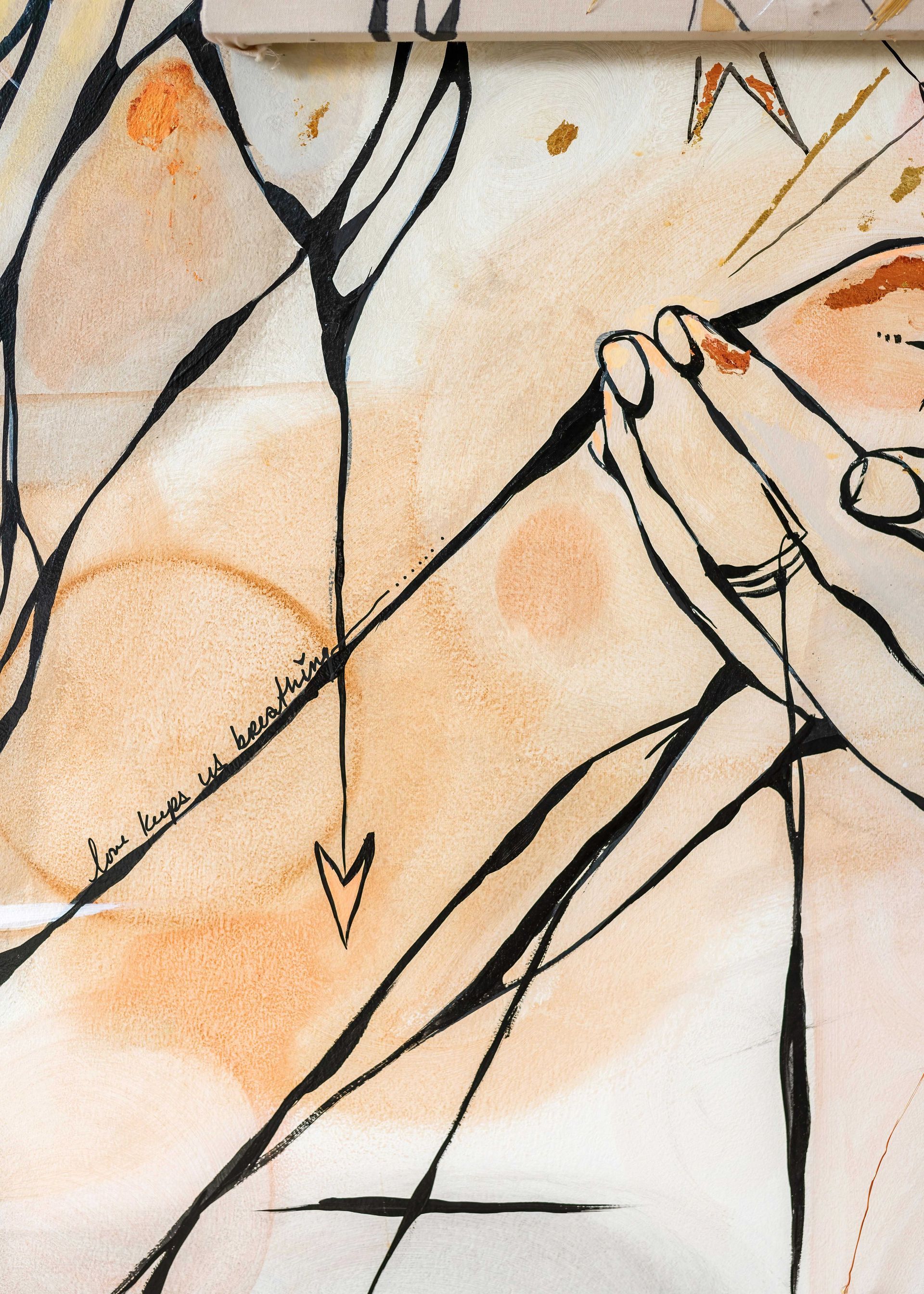 Abstract sketch of a hand tracing a line on beige paper with black and orange accents