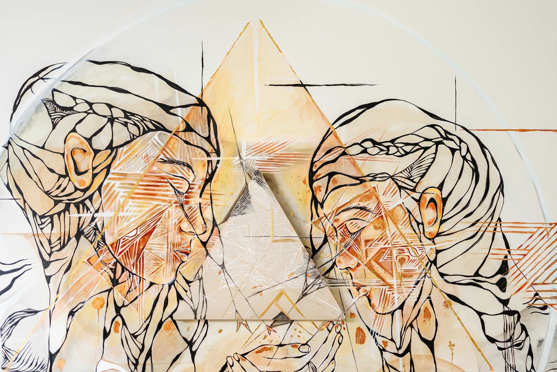 Abstract sketch of two faces in profile facing each other, with a geometric pyramid centered between them.