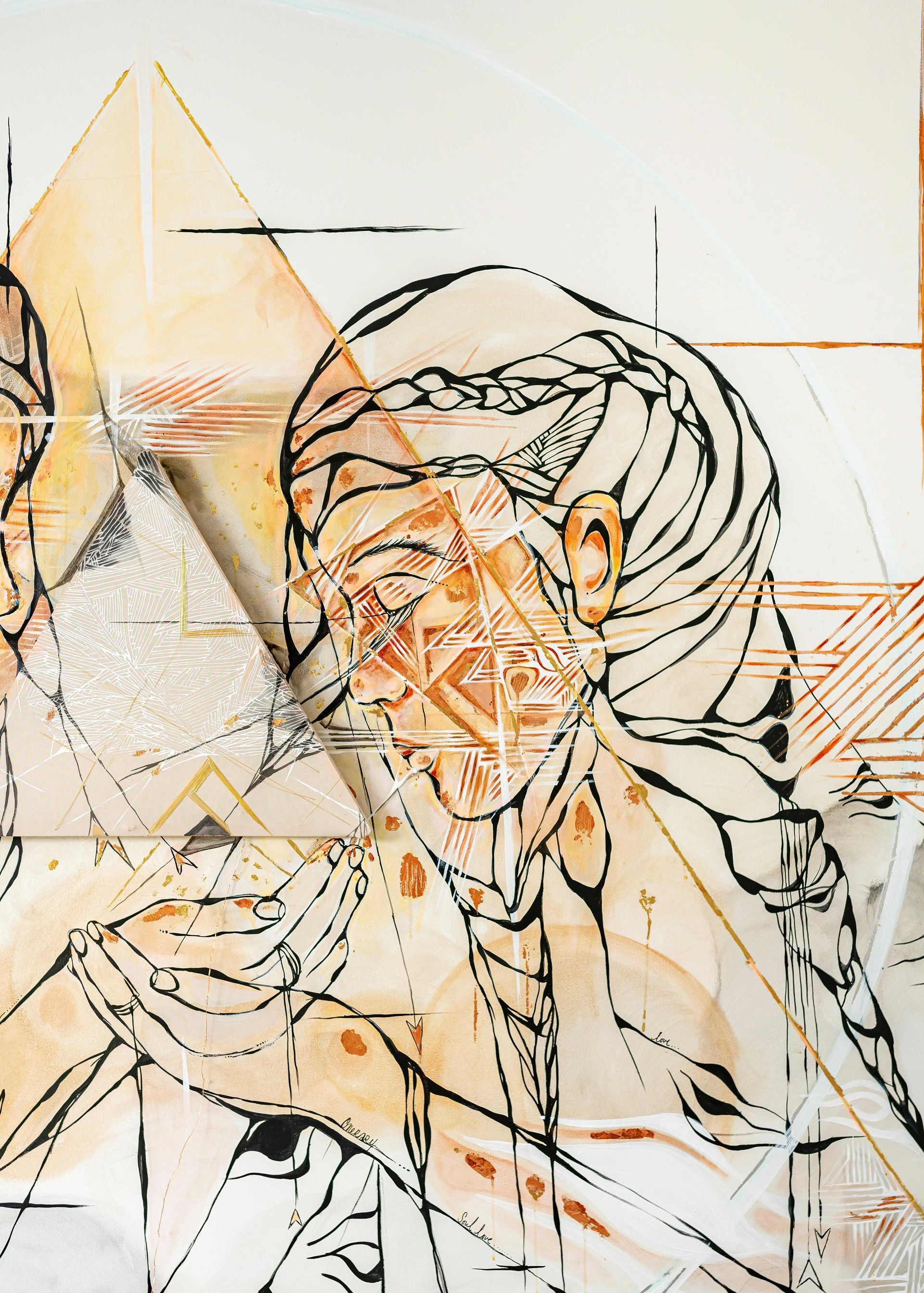 Abstract line drawing of a person in profile with braided hair, set against a pale geometric background.