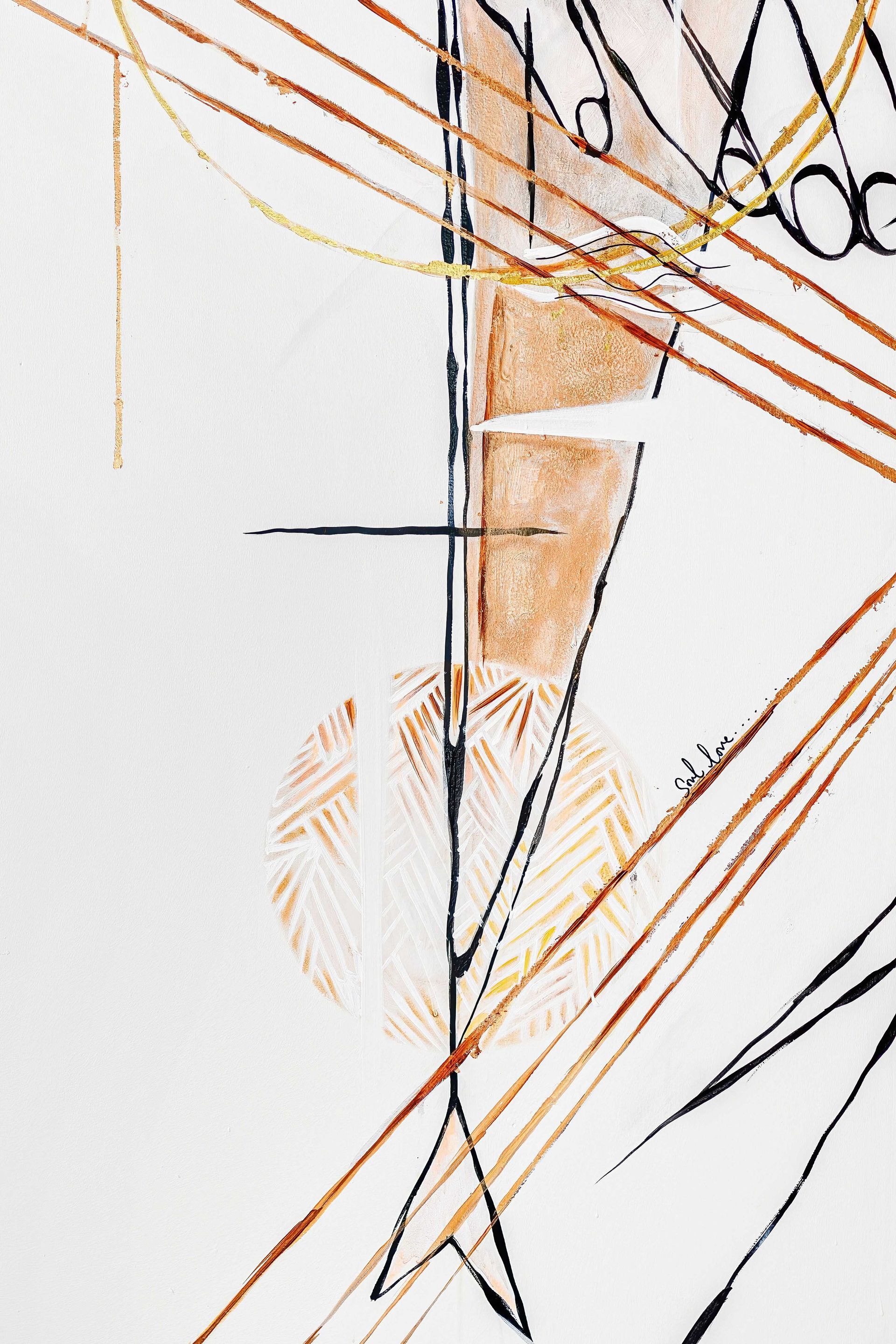Abstract sketch of a standing figure with orange and black line accents on a white background