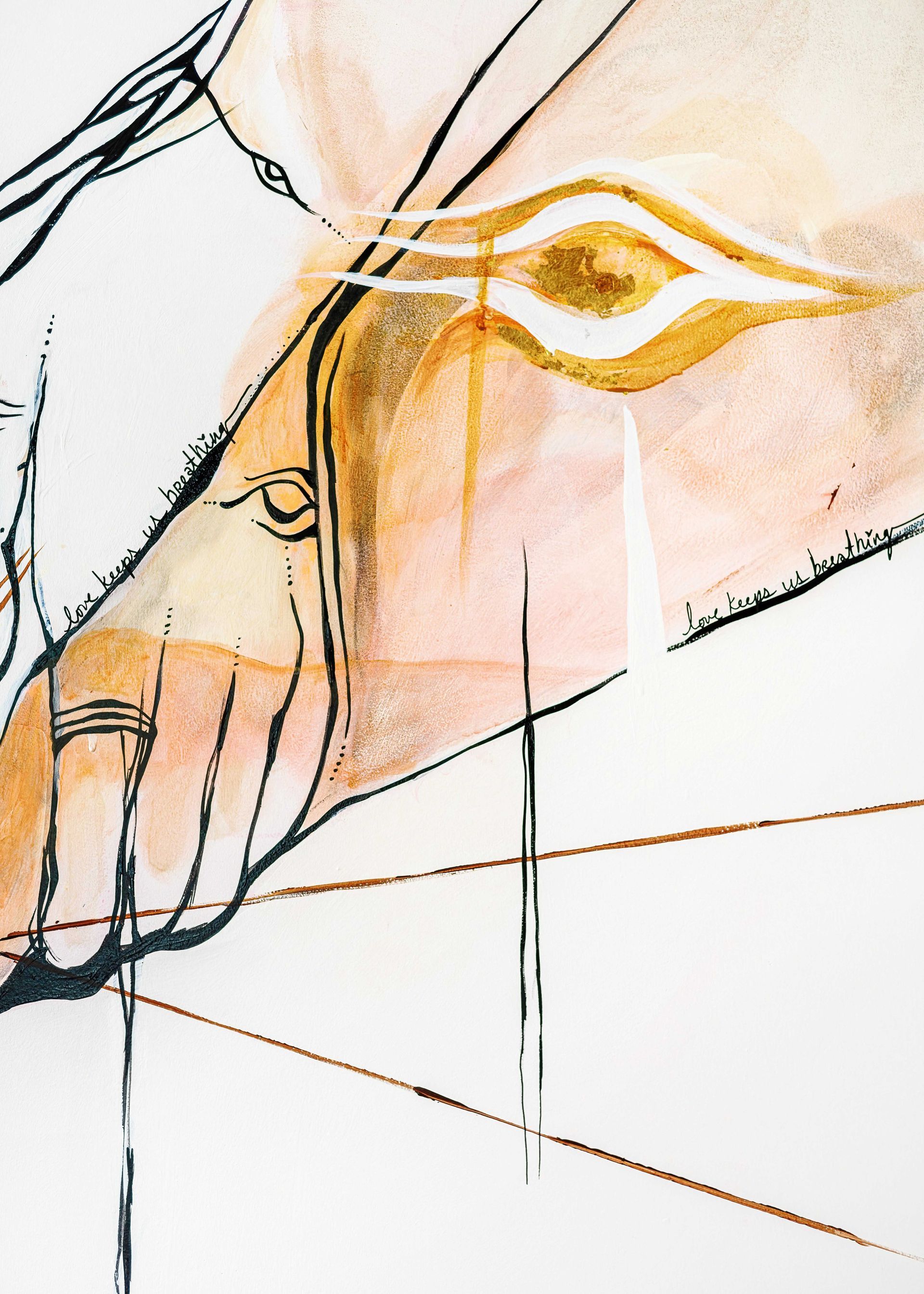 Abstract line drawing with a gold eye-like shape and sketched hand on a white background