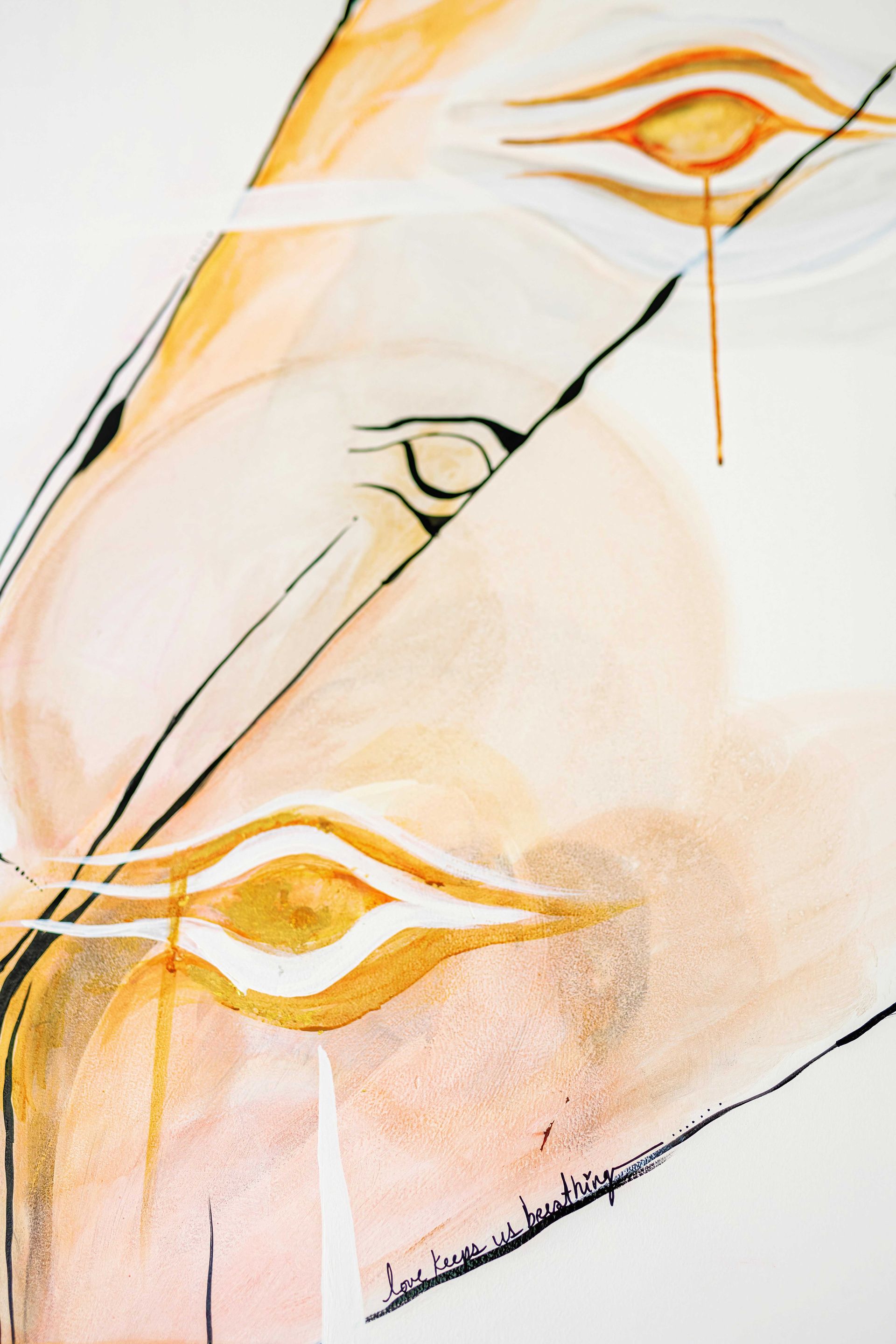 Abstract artwork with orange and black eye-like shapes on a pale background
