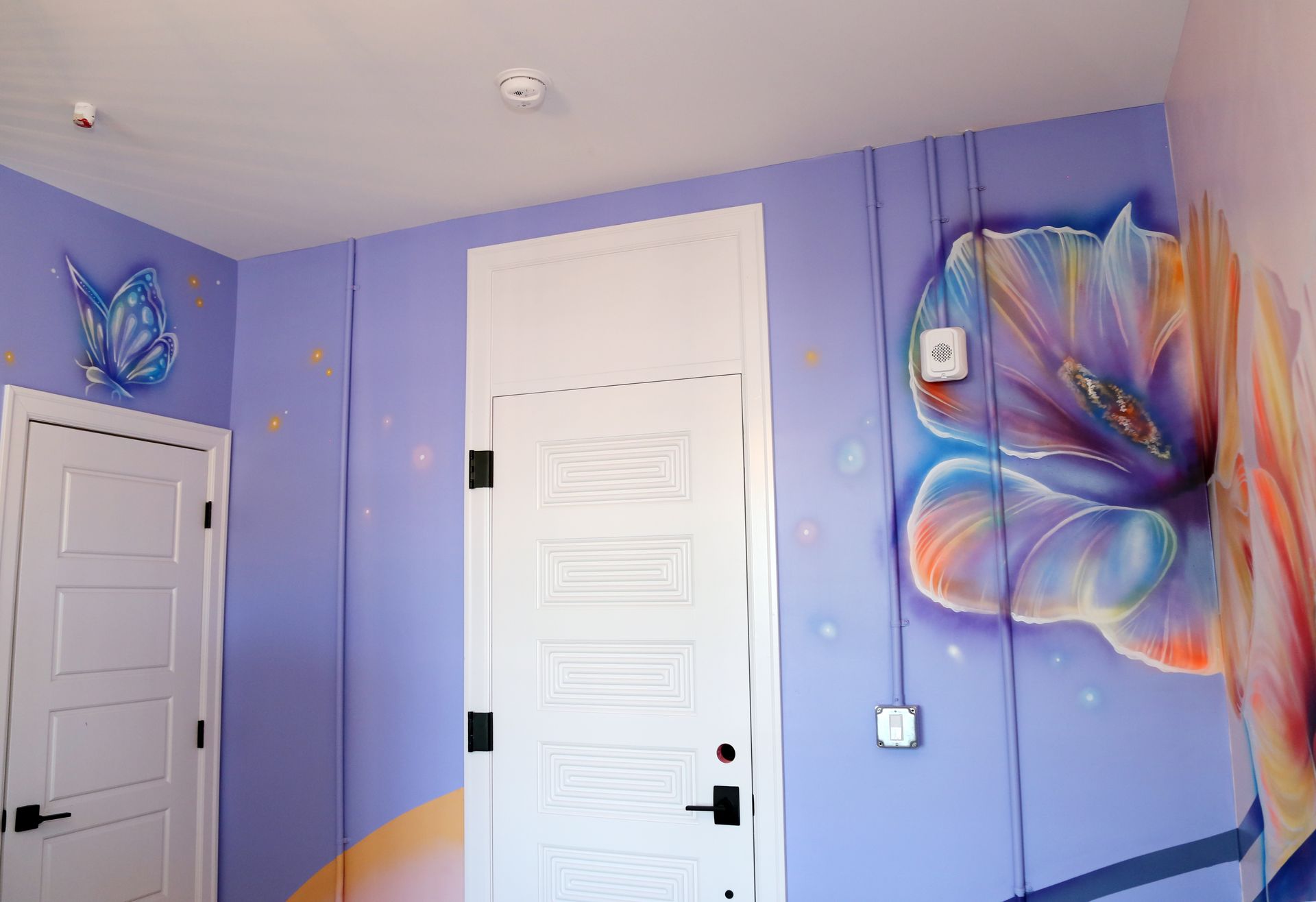 Lavender room with white doors and colorful butterfly murals on the walls.