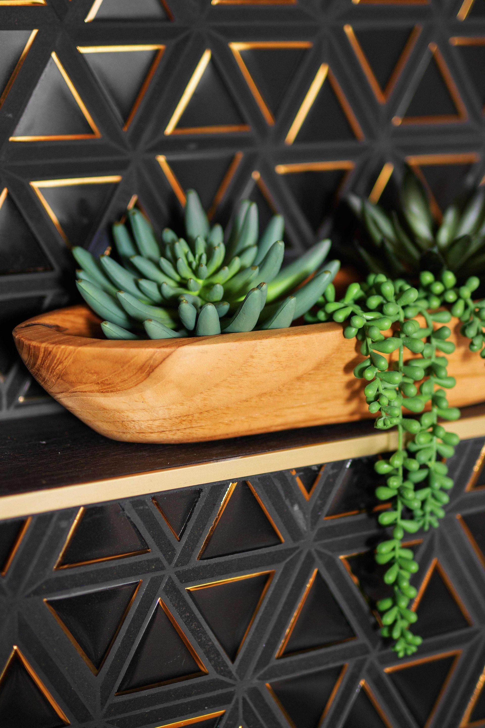 Wooden planter with succulents on a black geometric wall shelf against a triangular-patterned wall