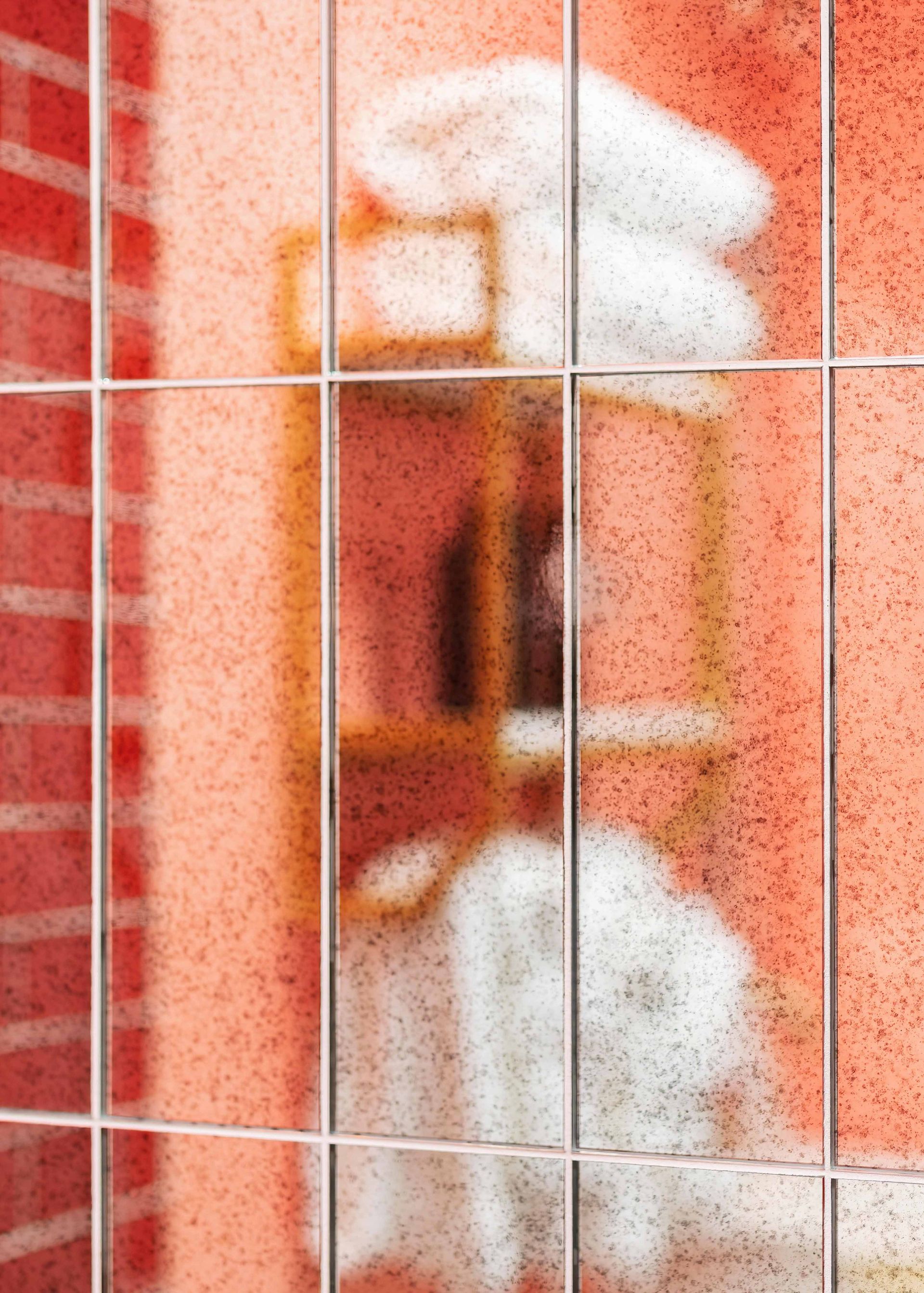 Blurry white cat behind a wire fence against a reddish background