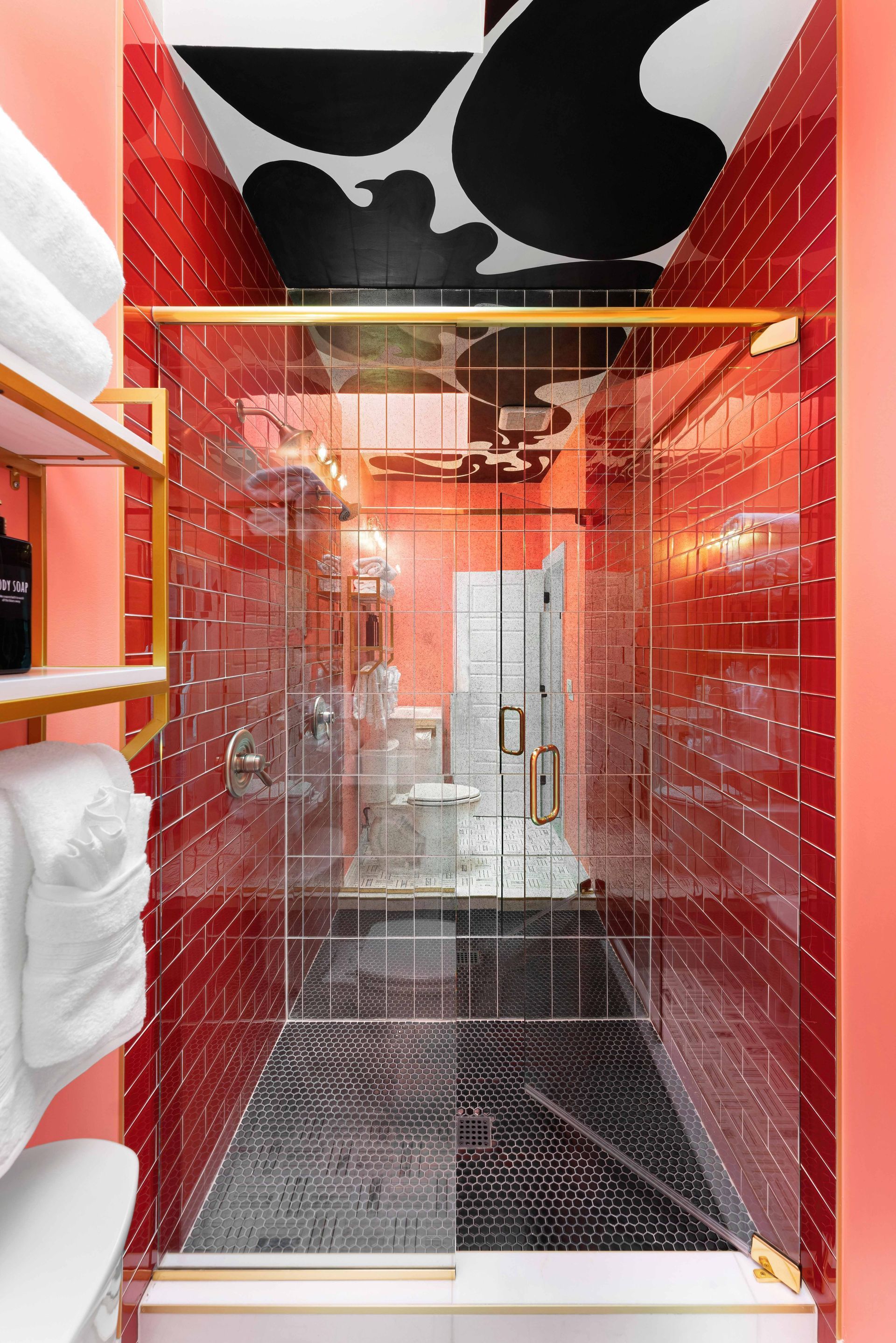 Red-tiled shower with glass door, black-and-white ceiling mural, and gold trim in a narrow bathroom.