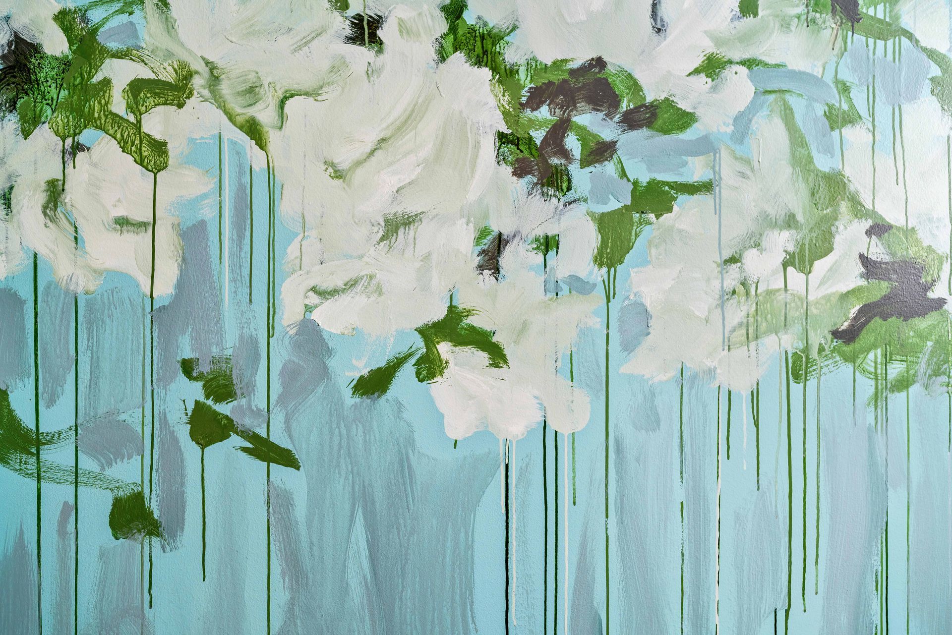 White blossoms and green leaves hang over a pale blue background in an abstract floral painting