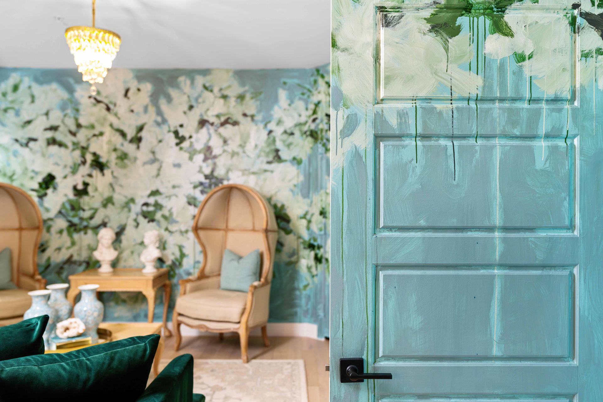 Pastel living room with floral wallpaper, teal chairs, and a turquoise door with greenery decoration