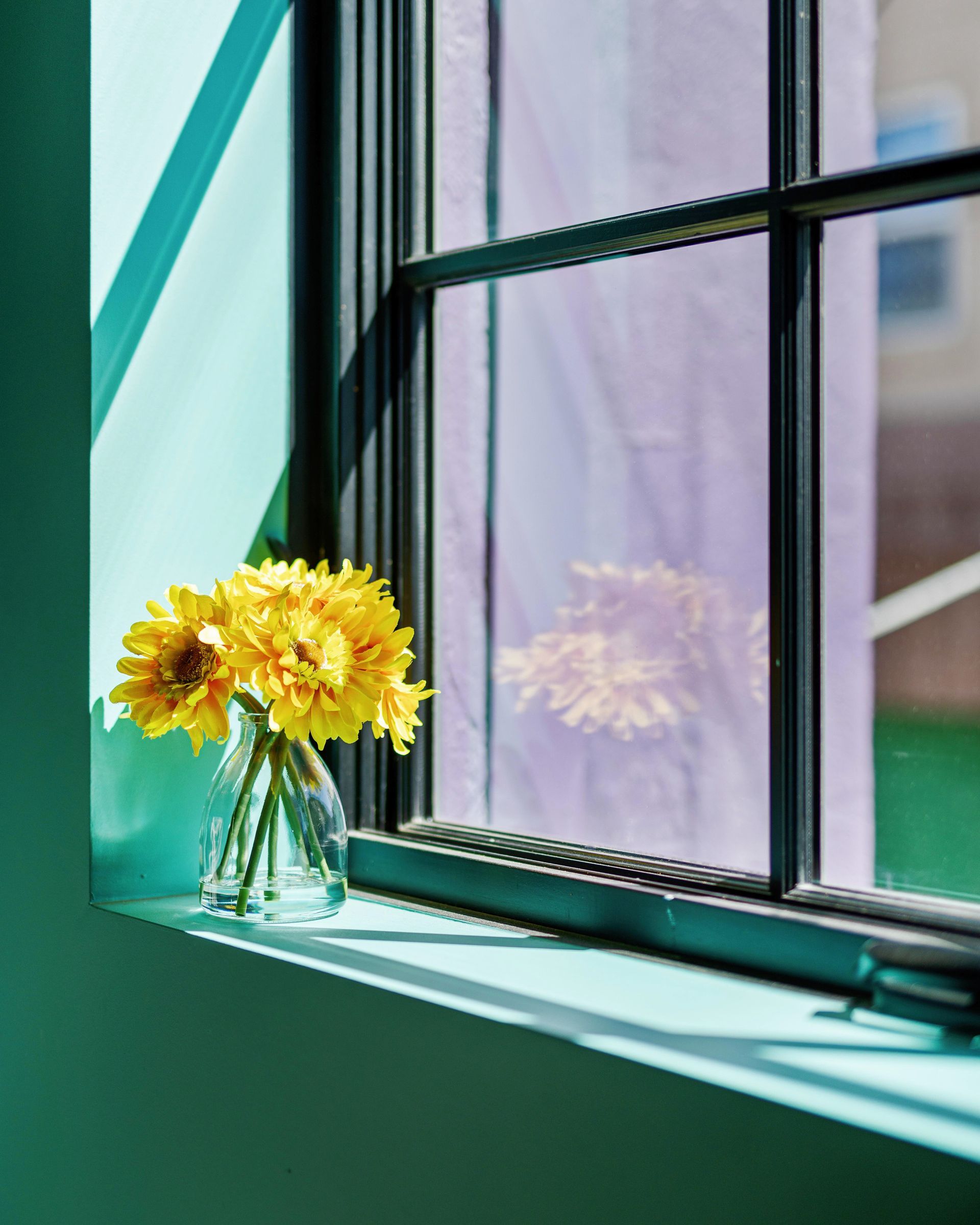 Yellow flowers in a glass vase on a windowsill beside a sunlit window