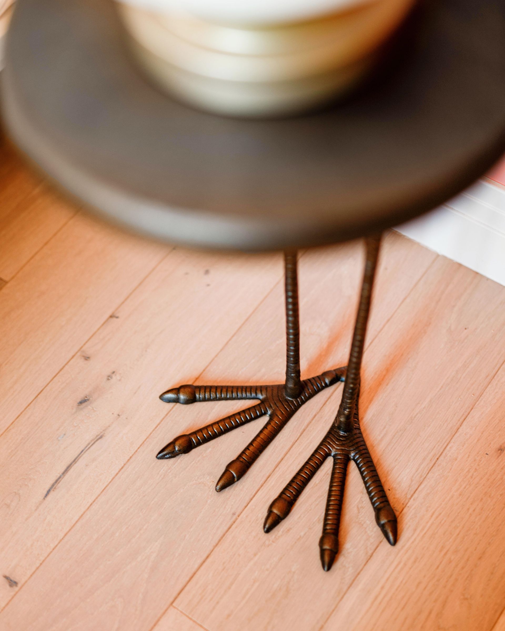 Bird's feet standing on a light wooden floor beneath a blurred table edge.