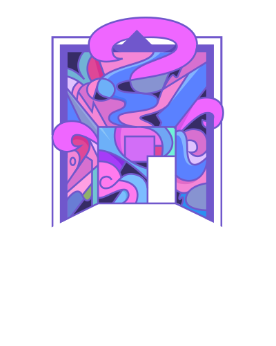 Abstract purple and blue geometric artwork resembling a doorway or arch