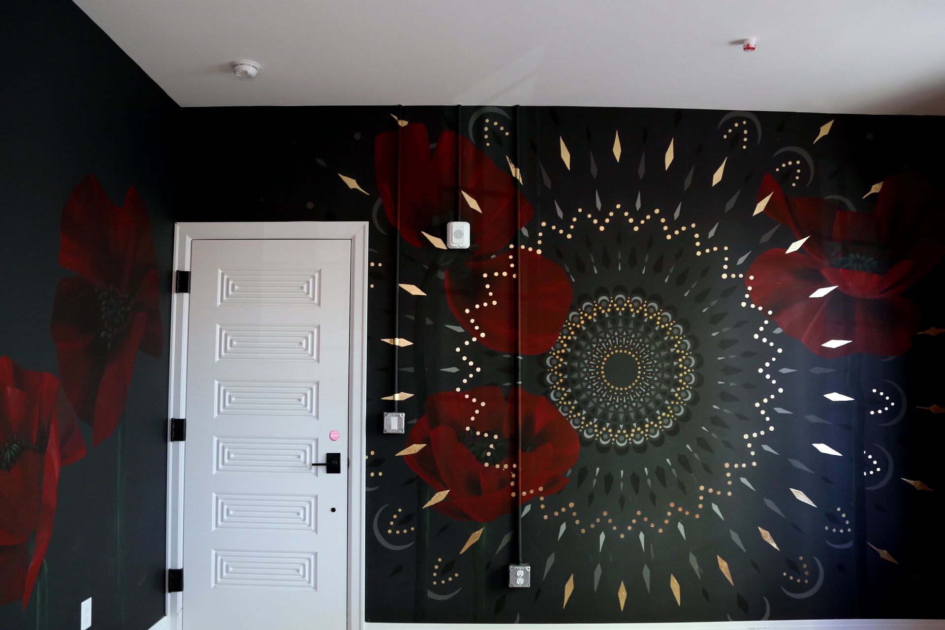 Modern room wall mural with red, black, and gold radial pattern beside a white door