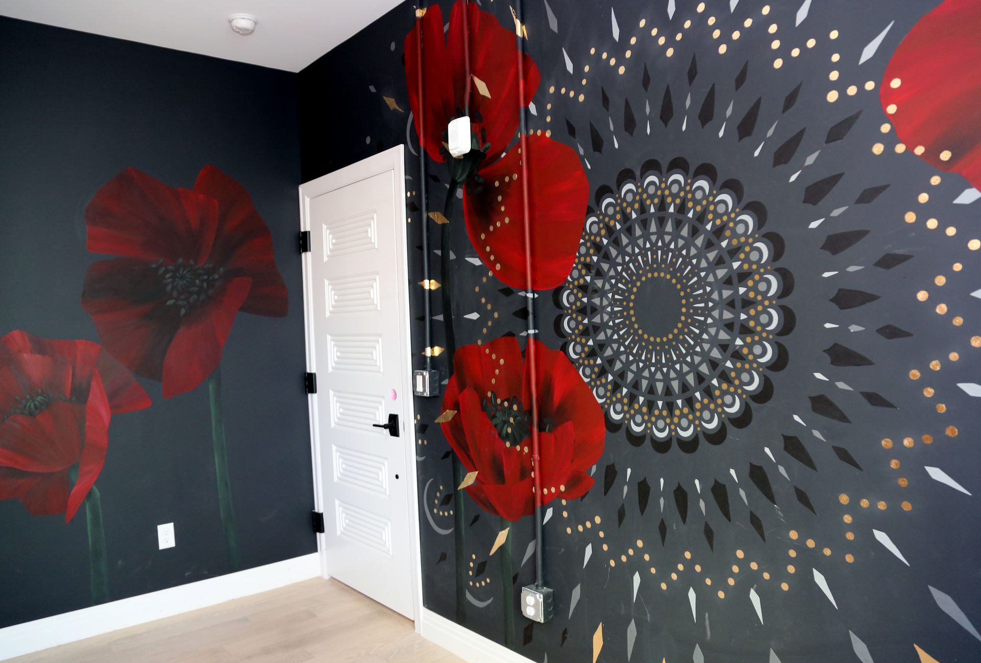 Dark room with bold red and black floral mural and white door; large circular pattern on the right wall
