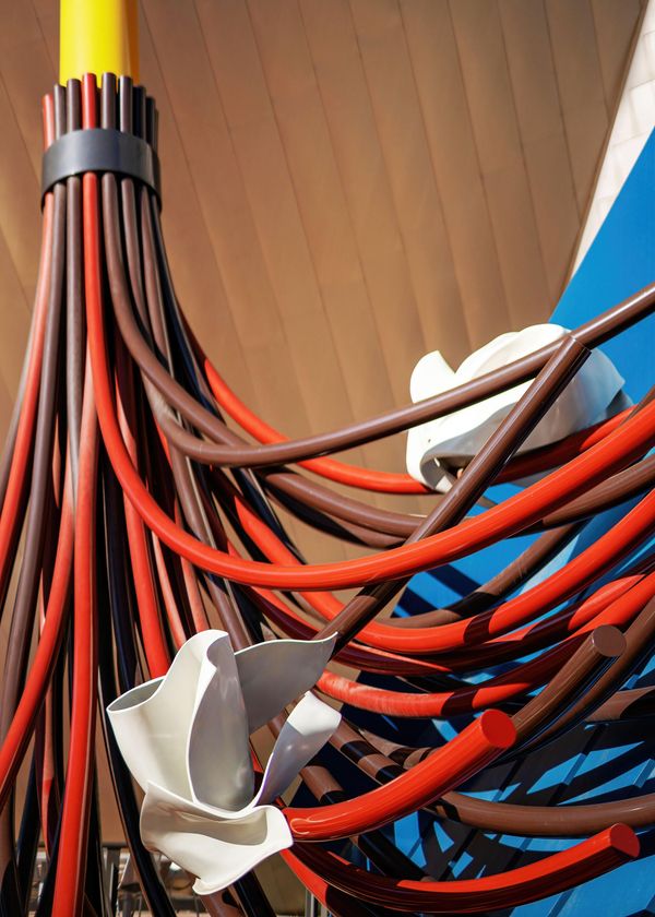 Bundle of red and black electrical cables with white ties against a wooden background