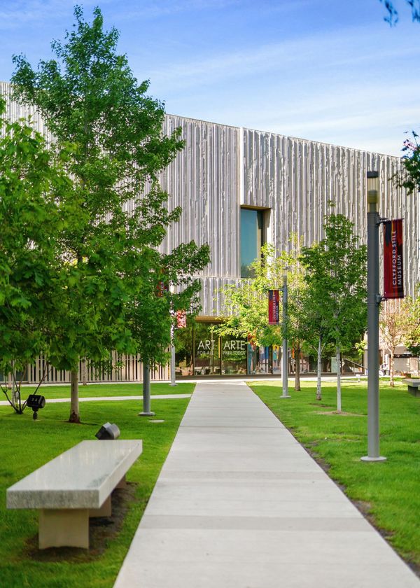 Modern building with vertical wood slats, a concrete path, trees, and a bench in a landscaped courtyard