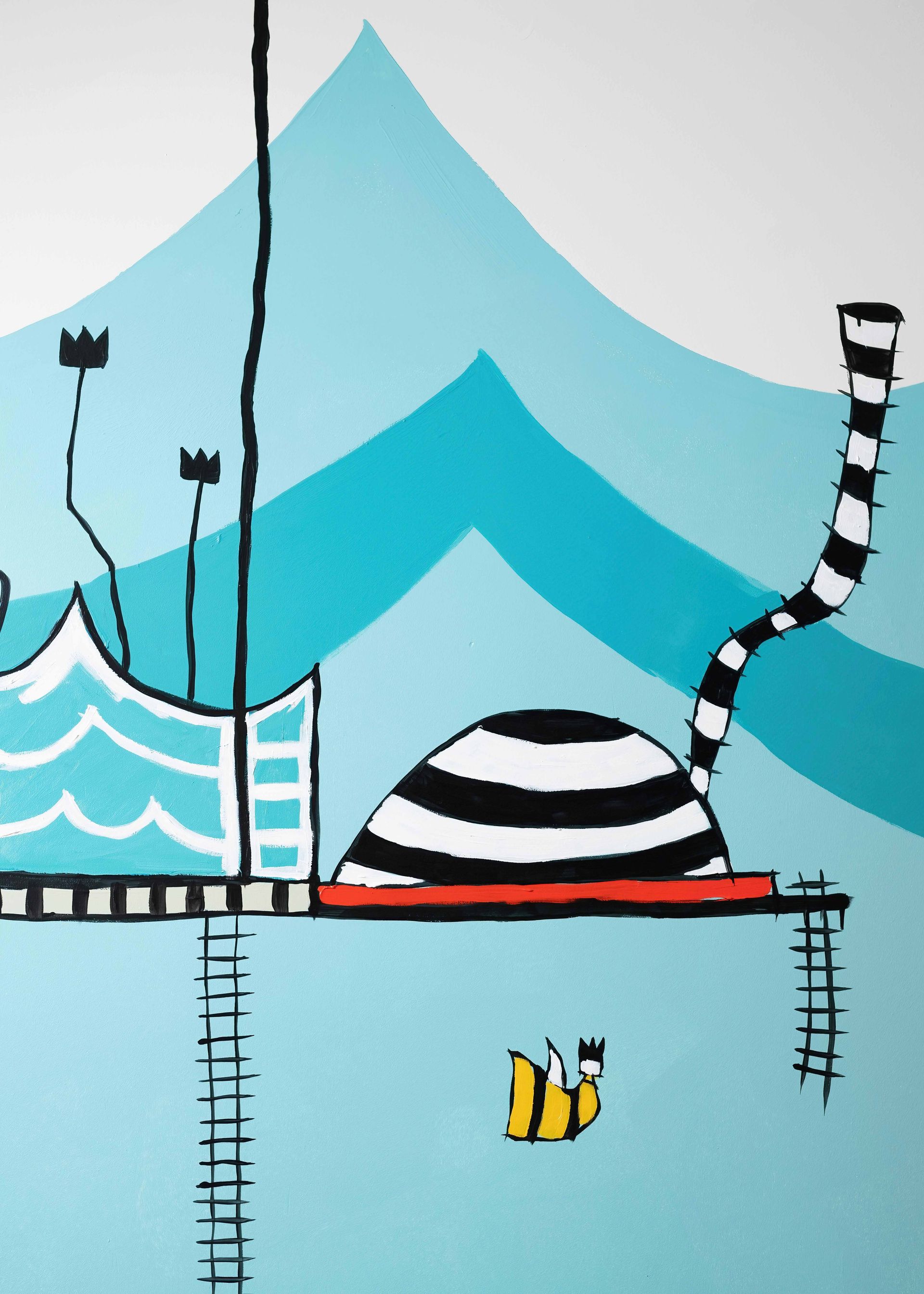 Stylized striped black-and-white whale-like creature beside a red dock in blue water with mountains behind.