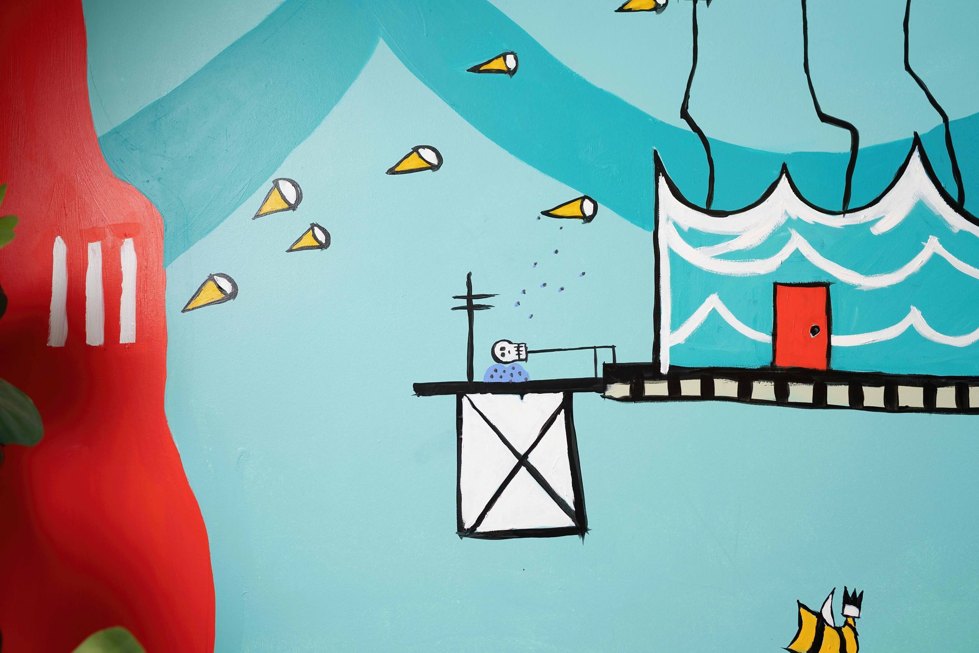 Stylized seascape with a red cliff, floating fish, a small platform, and a red door over blue water