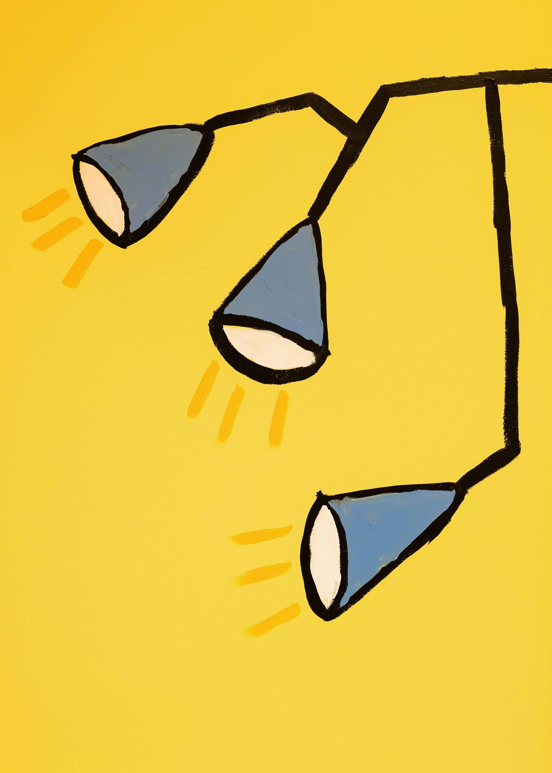 Three gray-blue hanging lamps on a black stand against a yellow background.