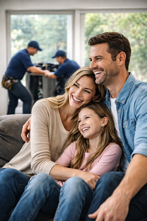 smiling happy family with technicians working behind them