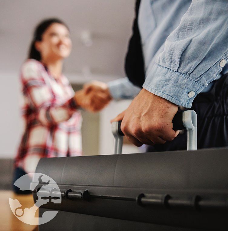 Person shaking hands with another, holding a toolbox.
