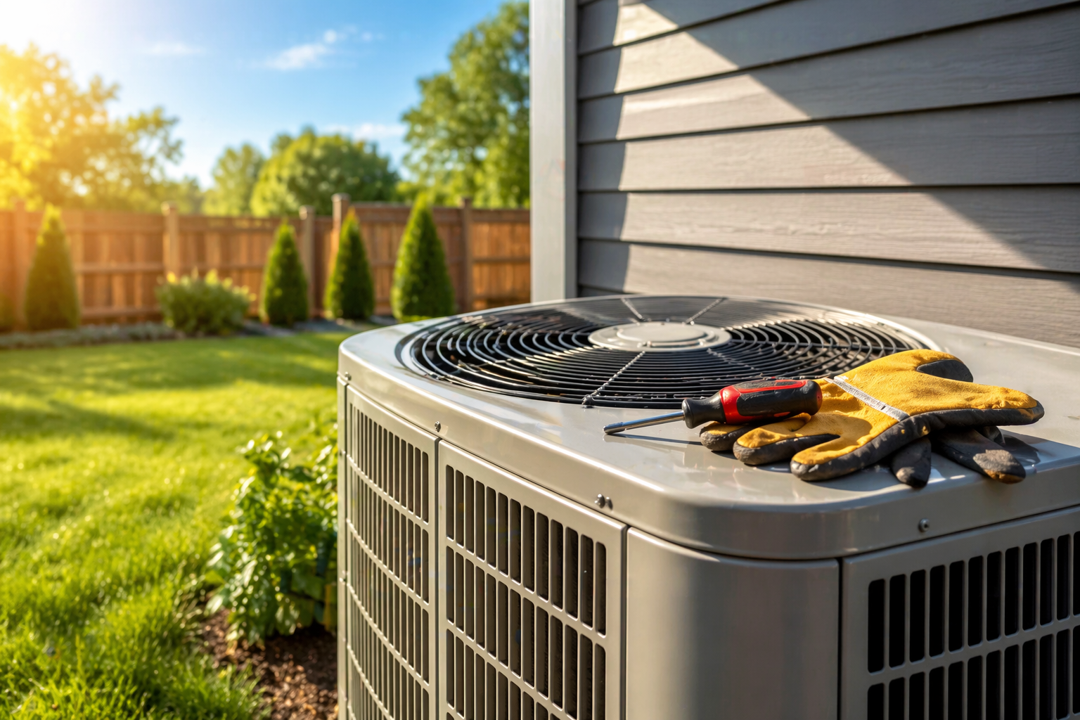 AC unit with gloves resting on top in the summer heat