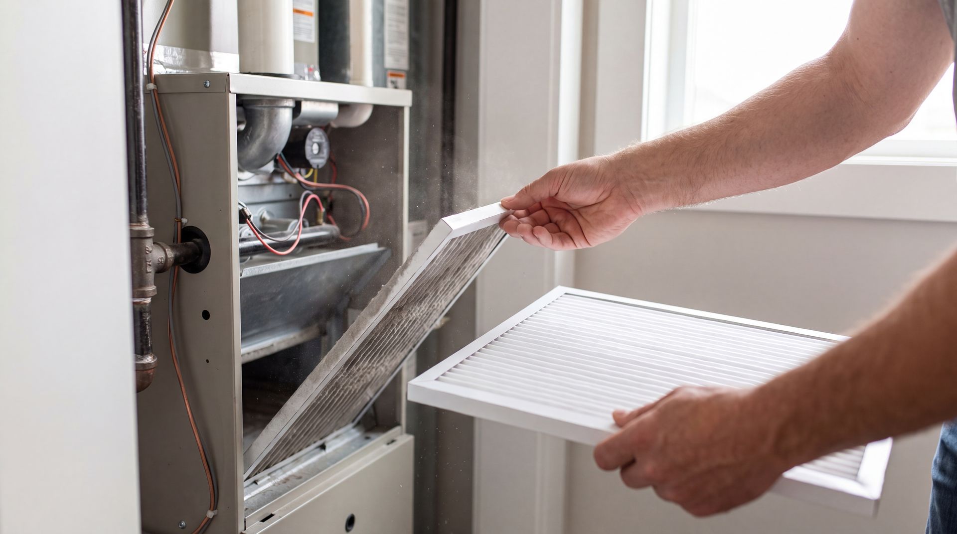 Technician doing furnace maintenance, changing the filter