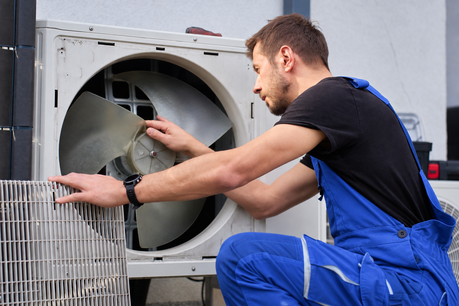 Technician in blue overalls doing maintenance on a heat pump