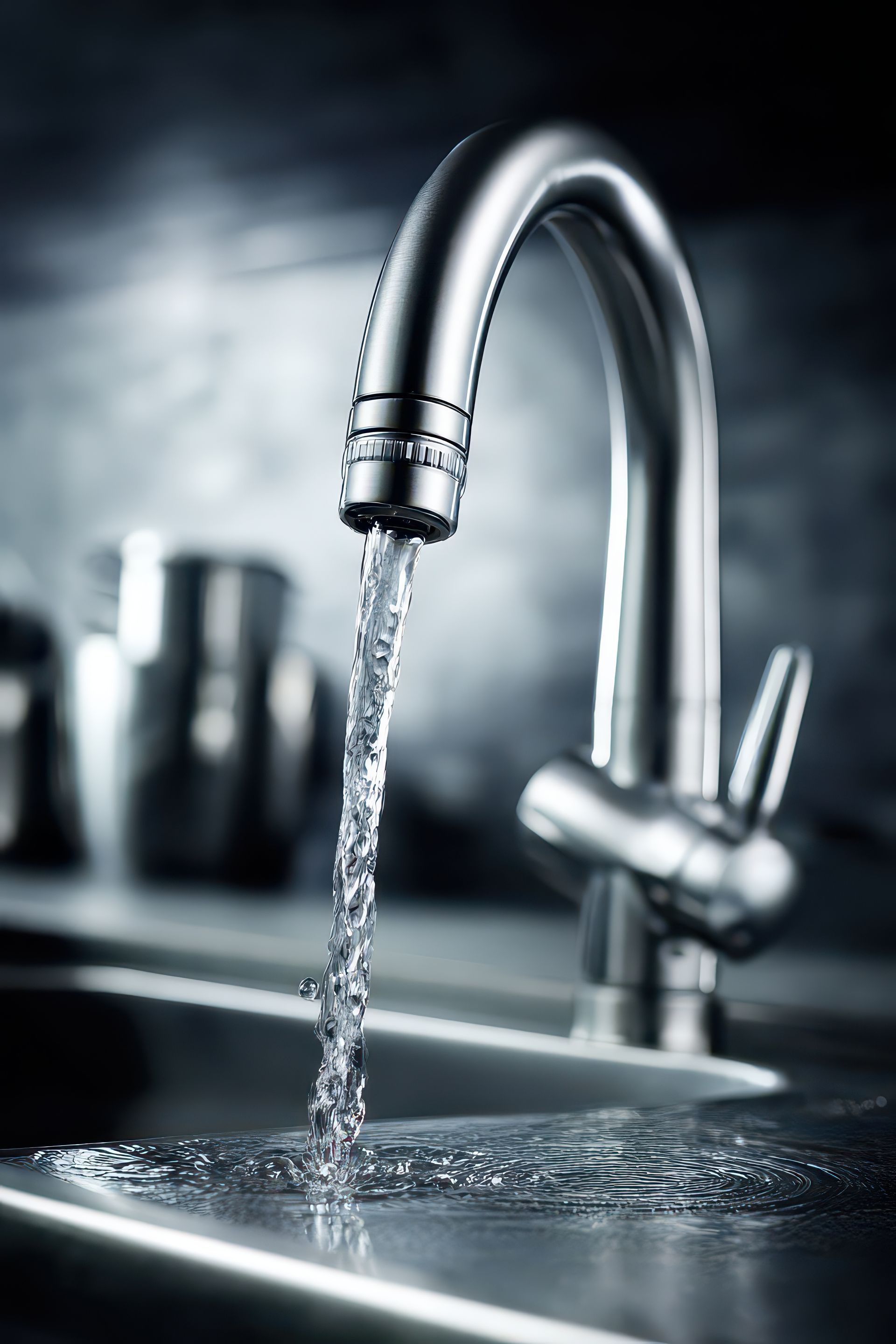 Shiny chrome bathroom faucet with water running, close-up.