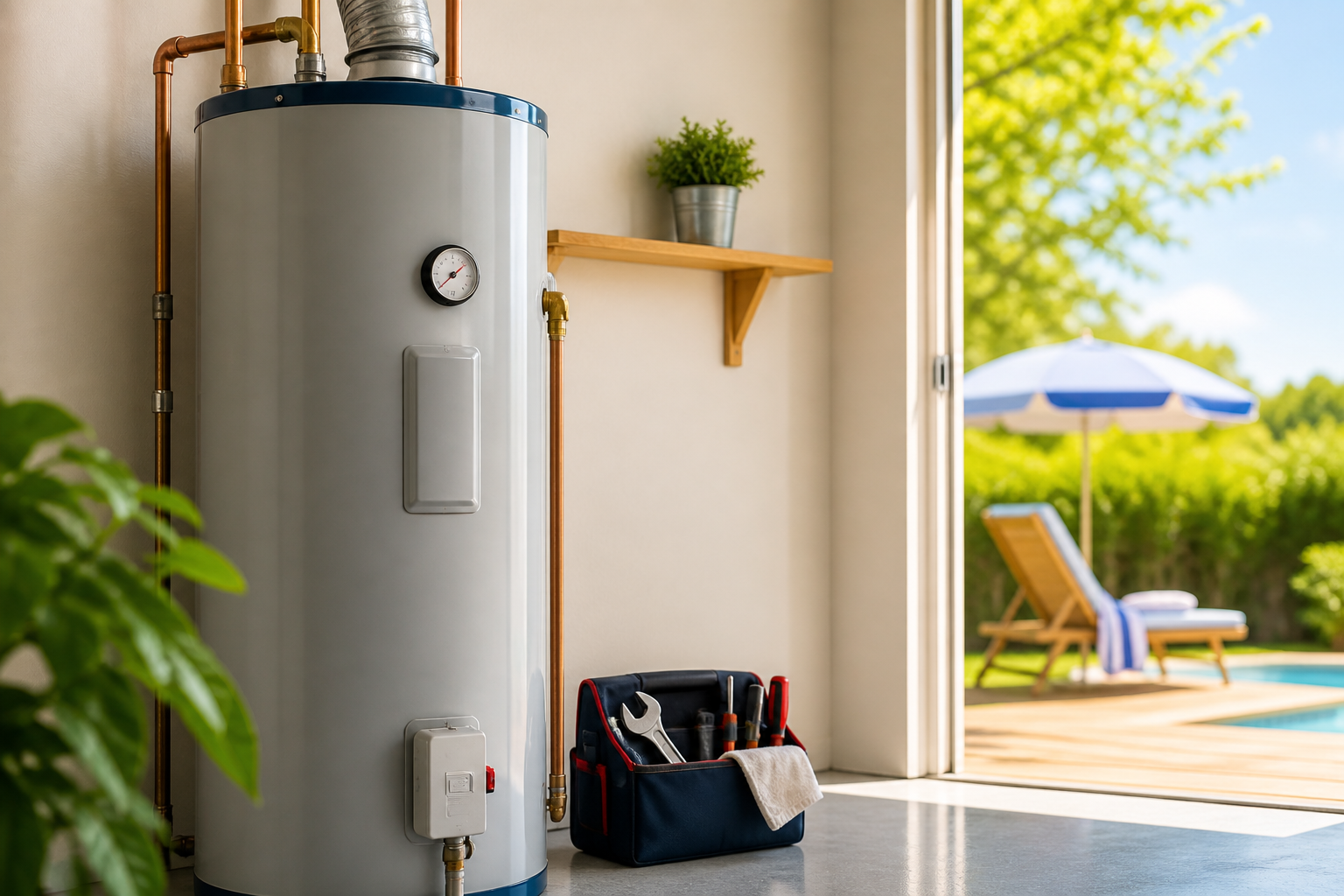 water heater with view of outside on a sunny summer's day