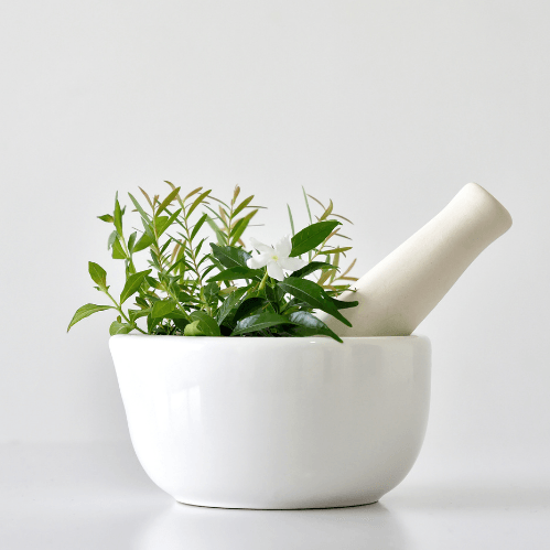 White mortar and pestle holding green herbs on a plain light background