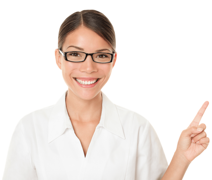 Smiling woman in glasses and white shirt pointing to the right on a white background