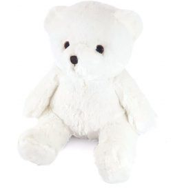 Een witte teddybeer zit op een wit oppervlak.